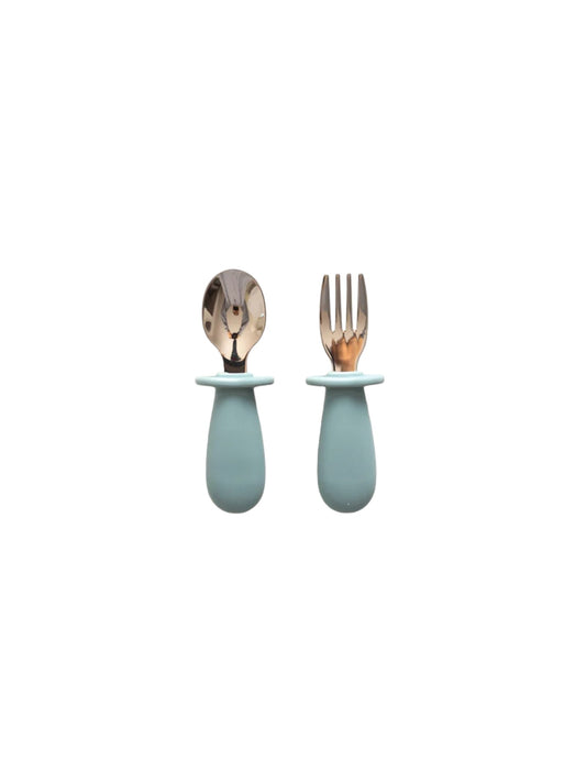 Pale Blue Silicone & Stainless Steel Toddler Cutlery Set